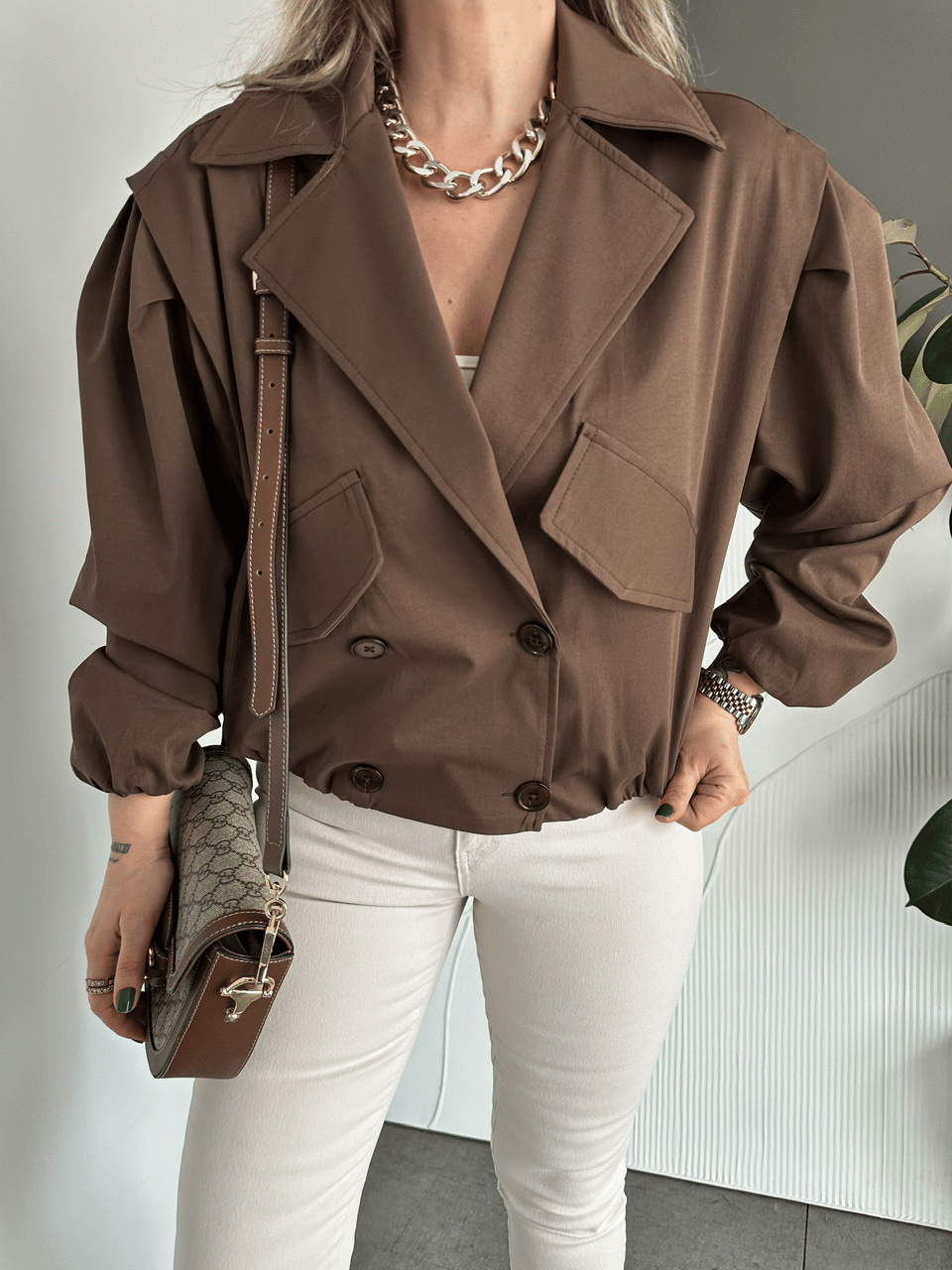 Cropped Double-Breasted Trench Jacket in Mocha Brown