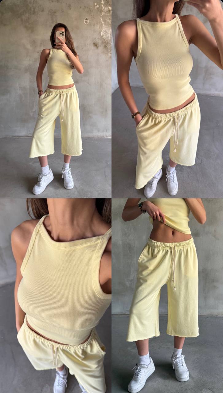 Cotton Lounge Set: Ribbed High-Neck Tank & Cropped Wide-Leg Sweatpants - Yellow Color -
