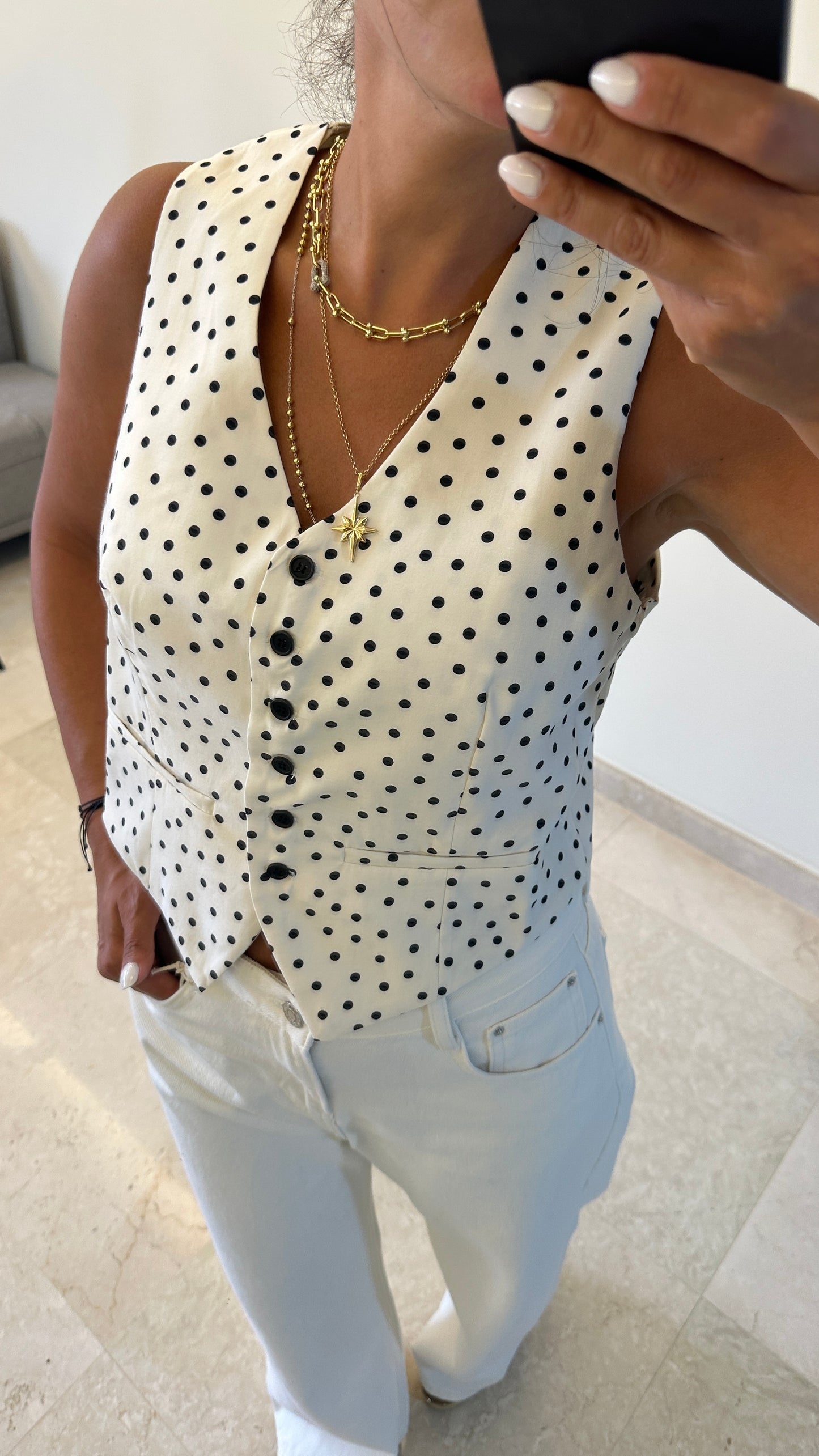 Clara Polka Dot Cross-Back Vest - Ivory Color -