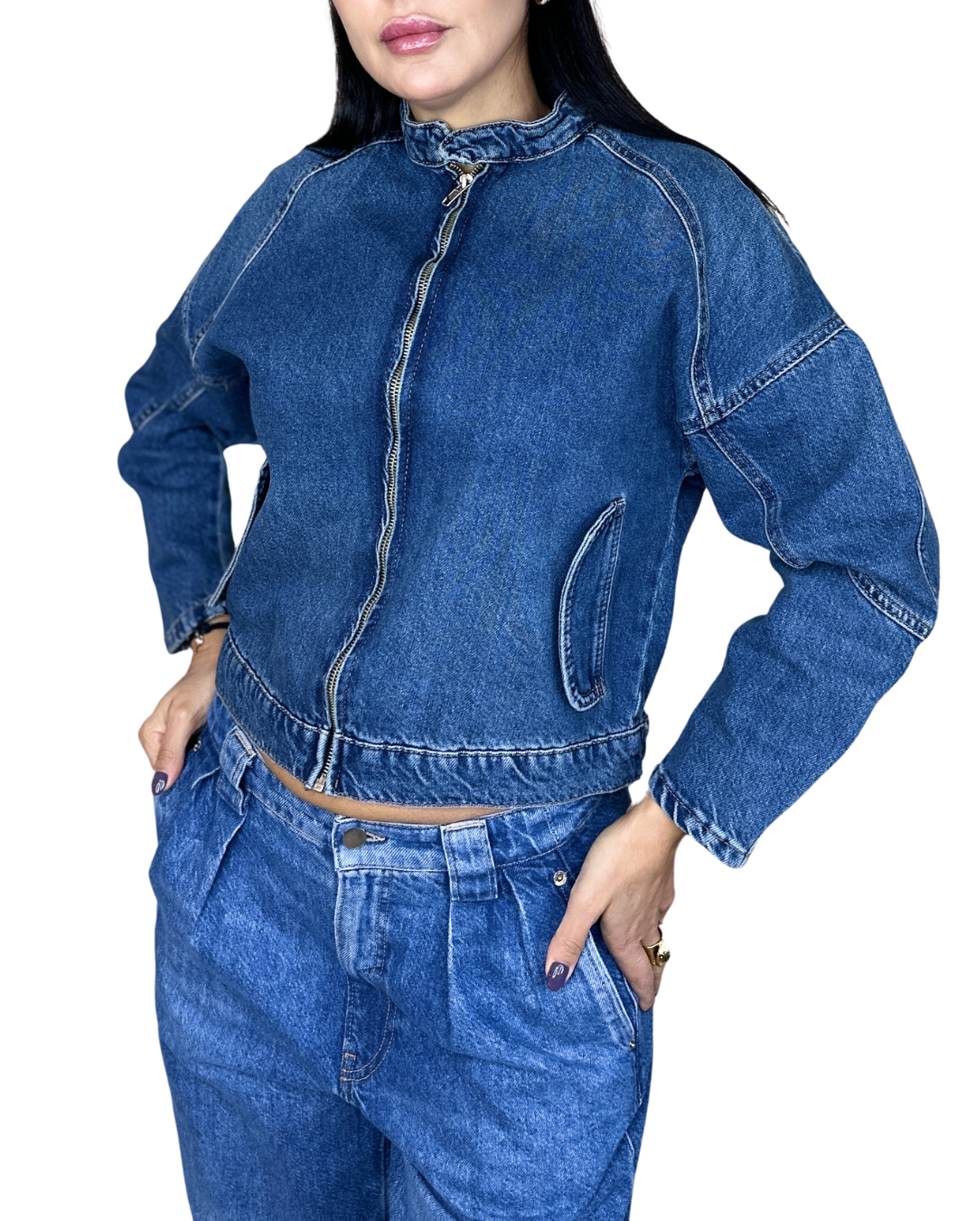 Zip Up Elastic Hem Denim Jacket