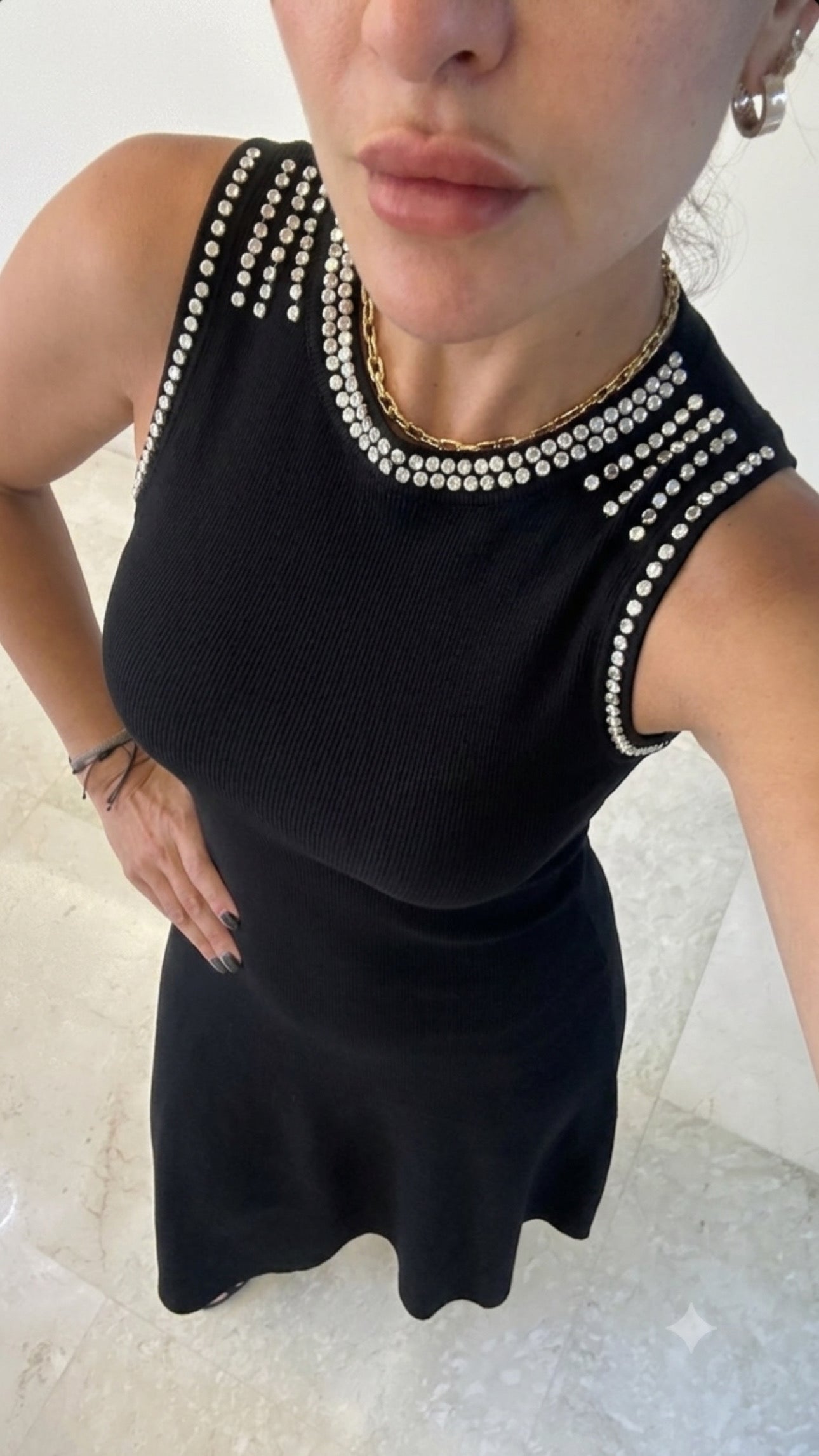 Stella Rhinestone & Stud Detailed A-Line Knit Black Dress