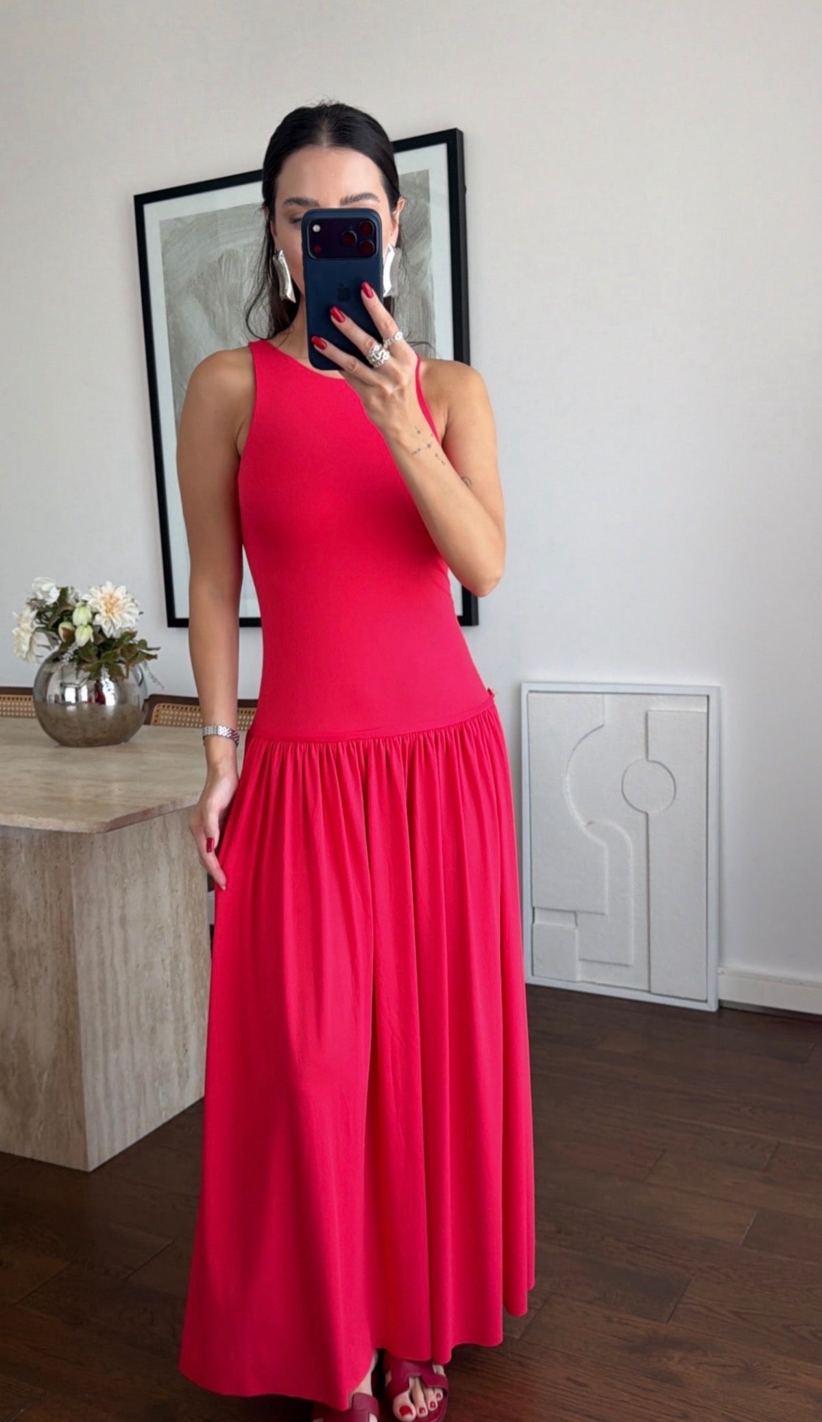 Sienna Gathered Maxi Dress -Coral Red-