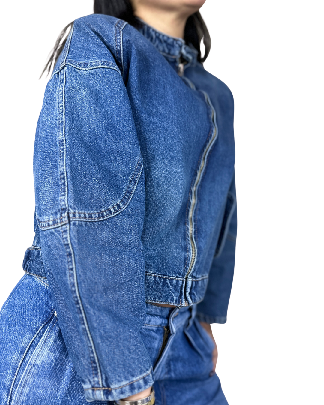Zip Up Elastic Hem Denim Jacket