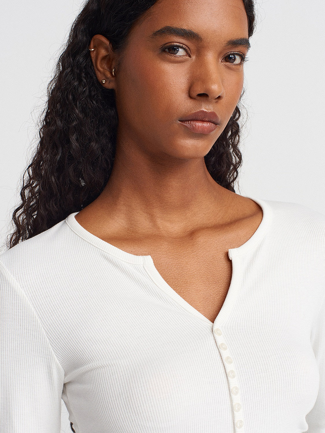 Ruched Button-Down Long Sleeve Top in White Color