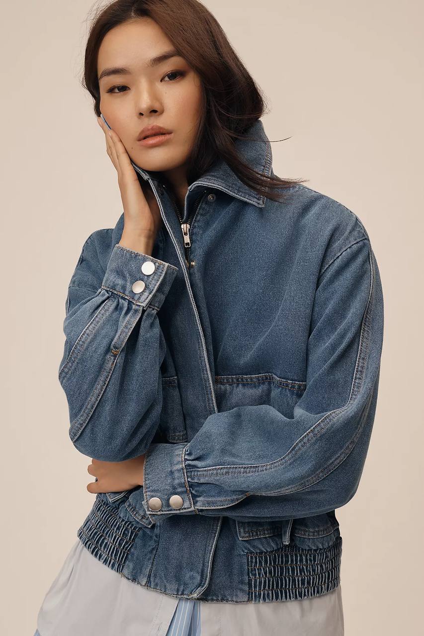 The Smocked Hem Denim Bomber Jacket
