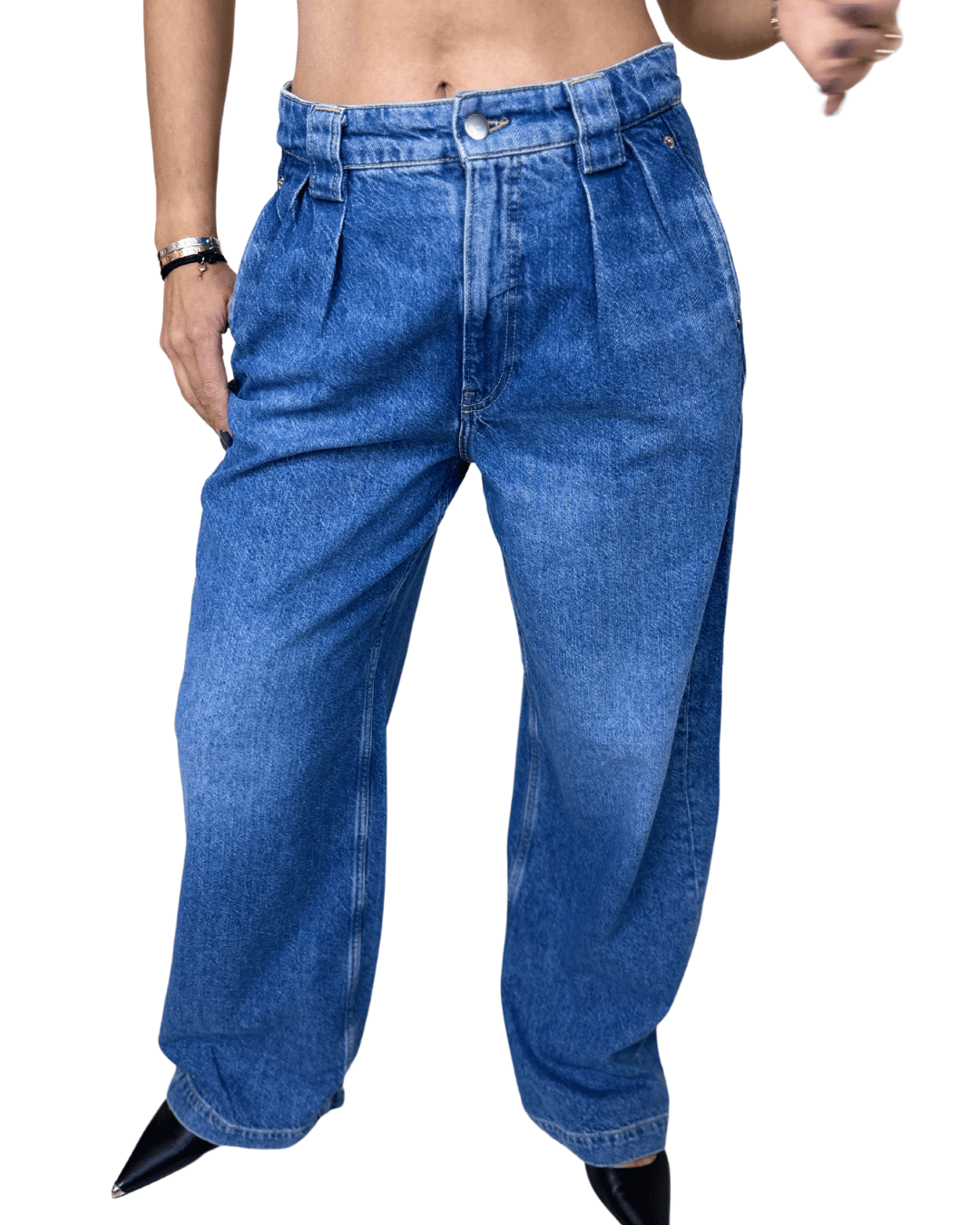 Pleated Wide-Leg Denim Jeans