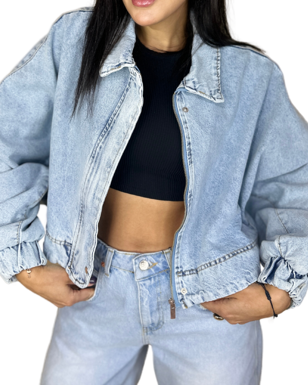 Cropped Balloon Denim Jacket with Puffy Sleeves