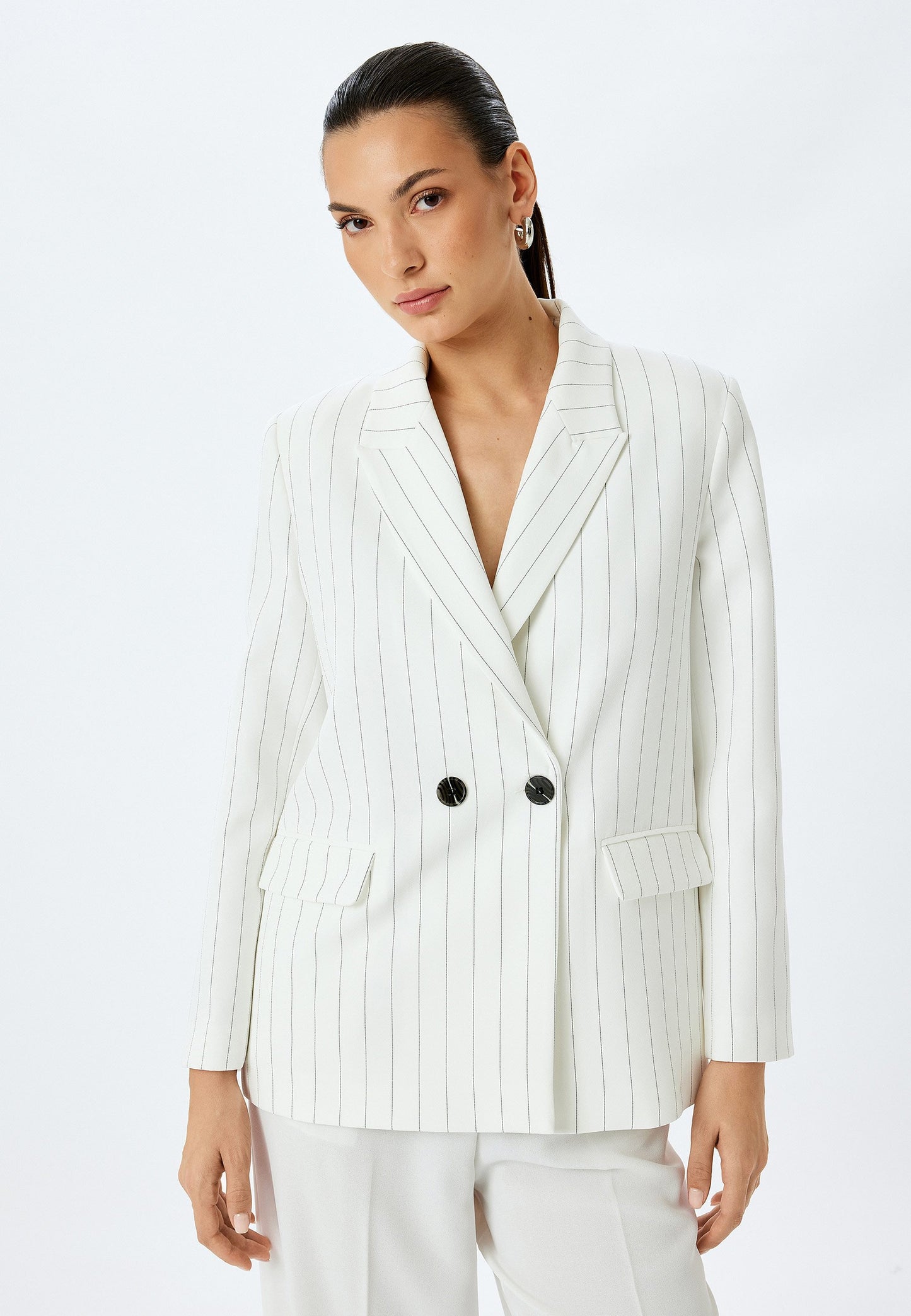 The Tailored Pinstripe Linen Blazer in Sky Blue