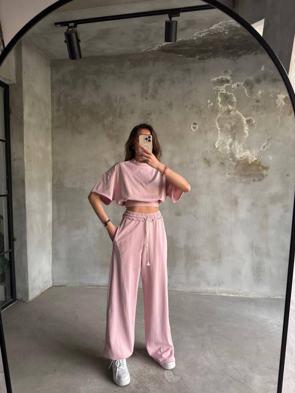 Cropped Tee & Wide-Leg Pants Set – Dusty Pink