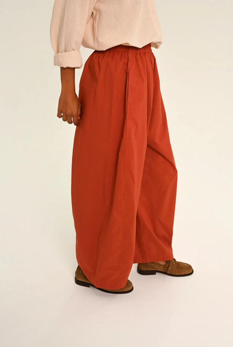 Terracotta Cotton-Blend Elastic Waist Wide-Leg Pants