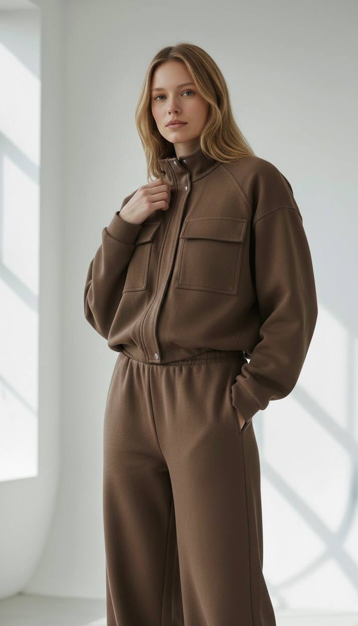 The High-Collar Zip Jacket & Straight Wide Pants Co-Ord - Mocha Color- Set