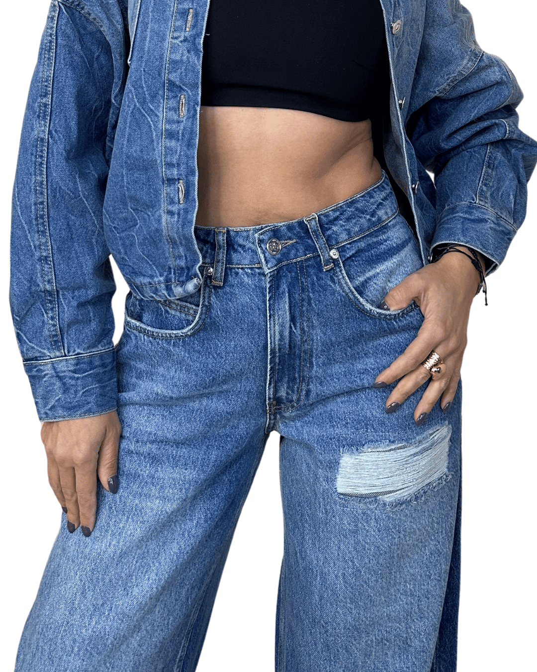 Distressed Wide-Leg Denim – Mid Wash