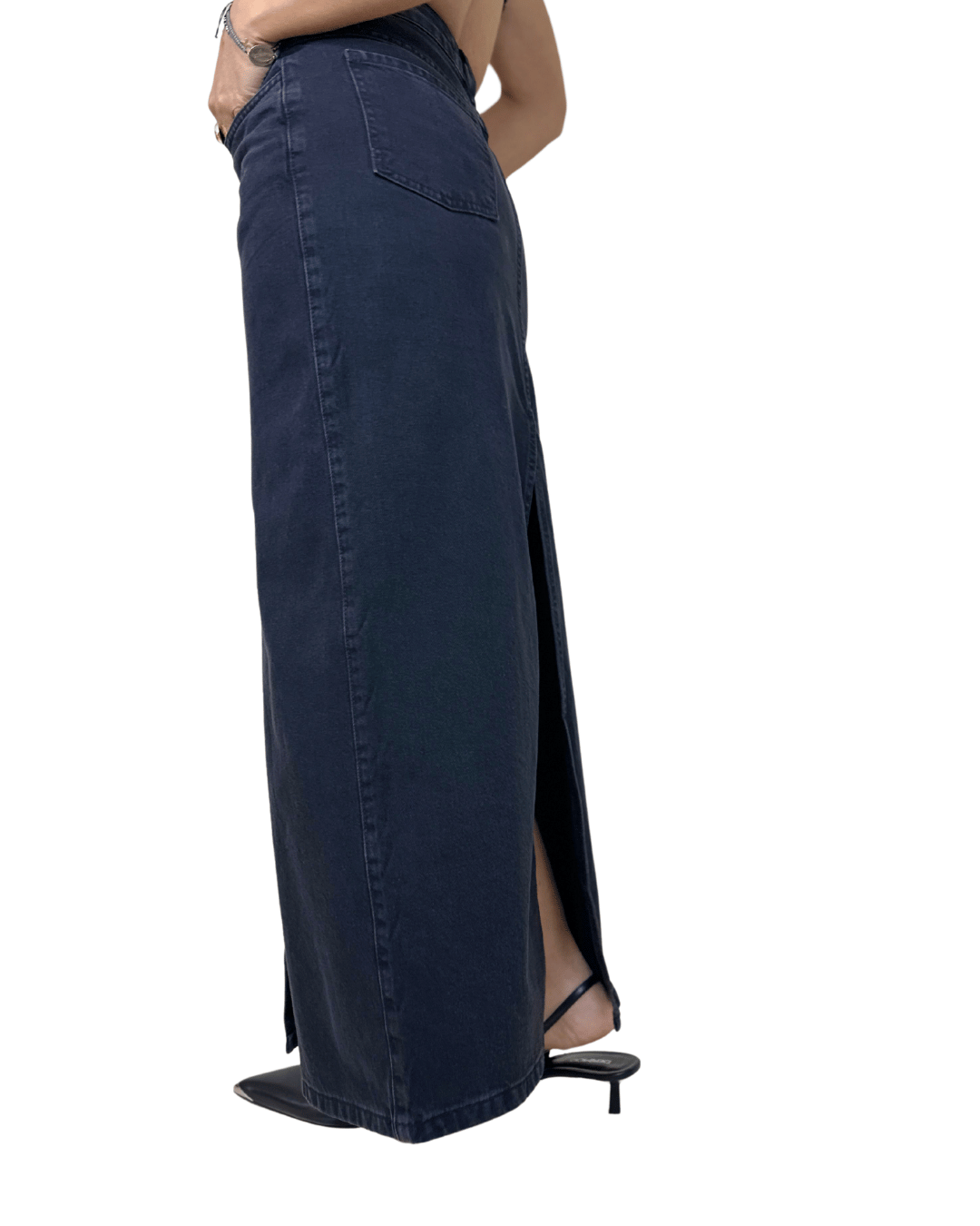 Black Front-Slit Denim Skirt