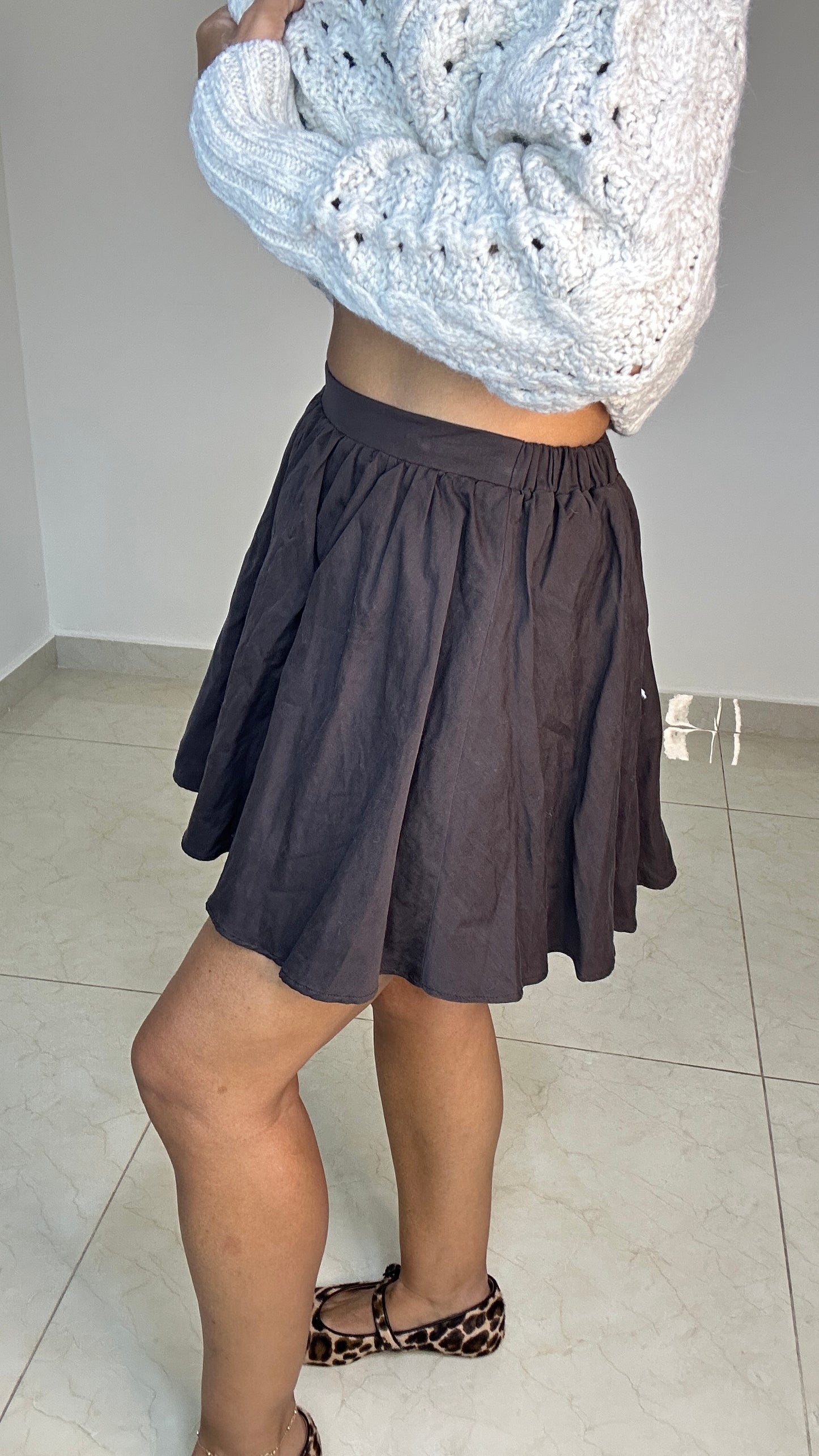 Elastic Waist - Brown - Ruffle Midi Skirt