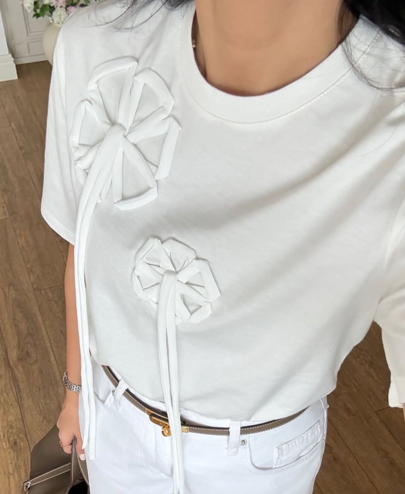 The 3D Floral Appliqué Tee in Soft Cream