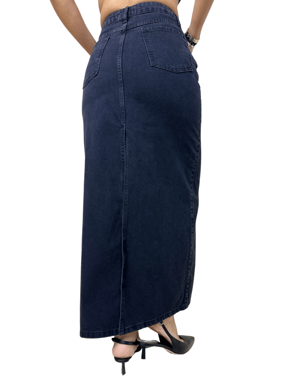 Black Front-Slit Denim Skirt