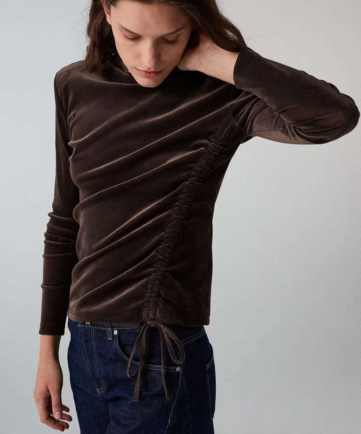 Ipekyol Velvet High-Neck Top with Side Ruched Drawstring