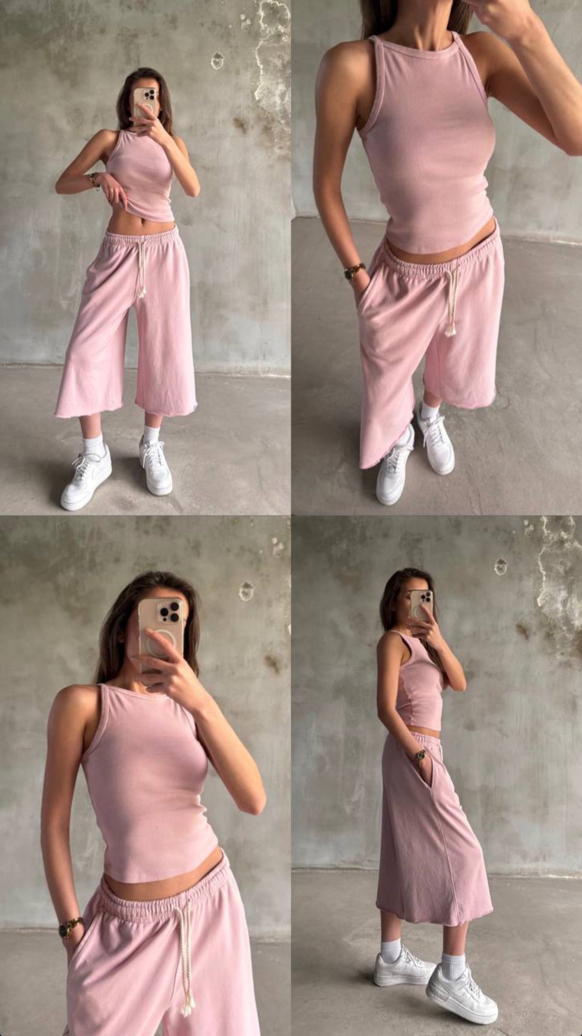 Cotton Lounge Set: Ribbed High-Neck Tank & Cropped Wide-Leg Sweatpants - Pink Color -
