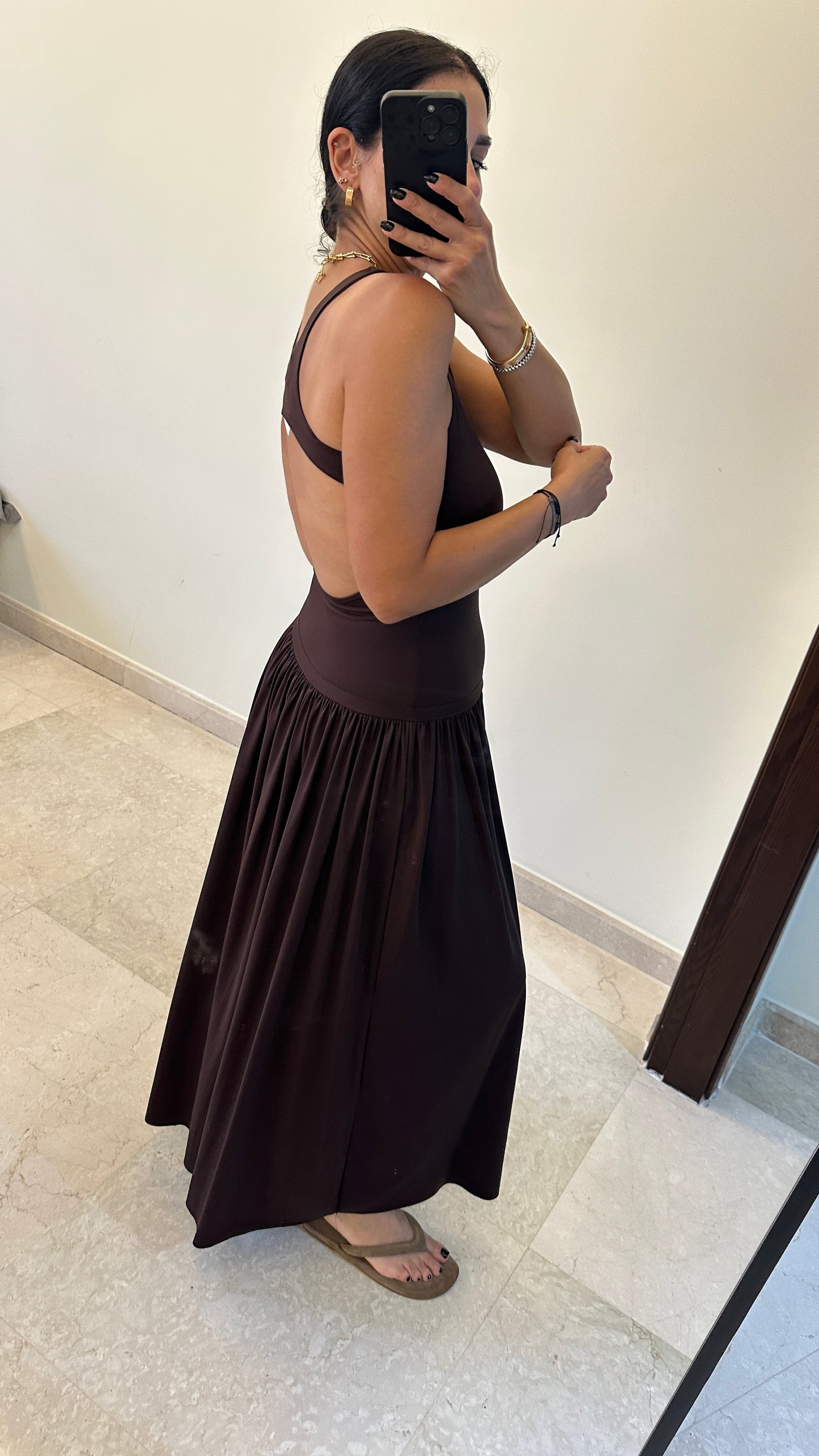Sienna Gathered Maxi Dress - Deep Chocolate Brown-