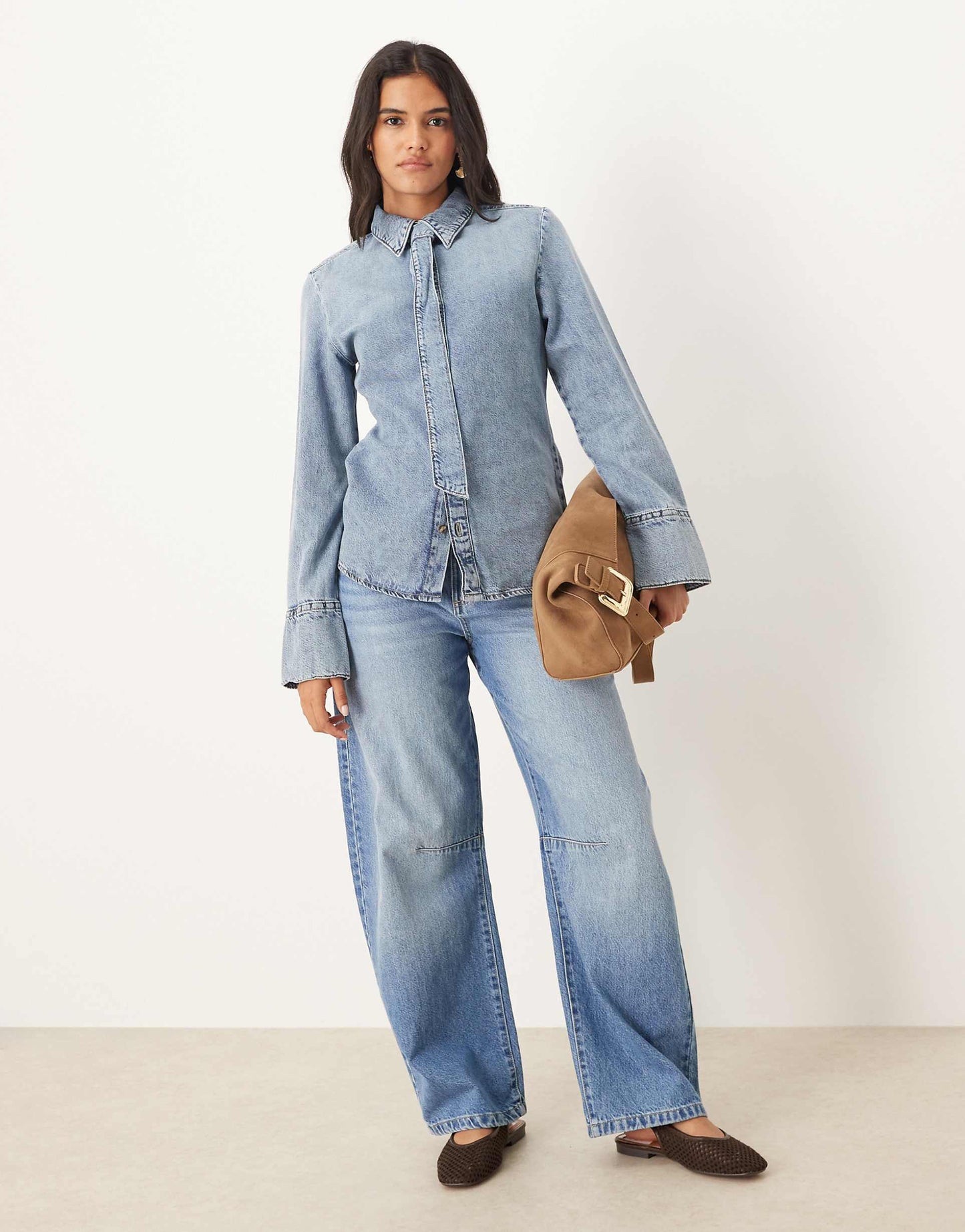 Cotton mix long sleeve denim shirt with tie neck in medium blue