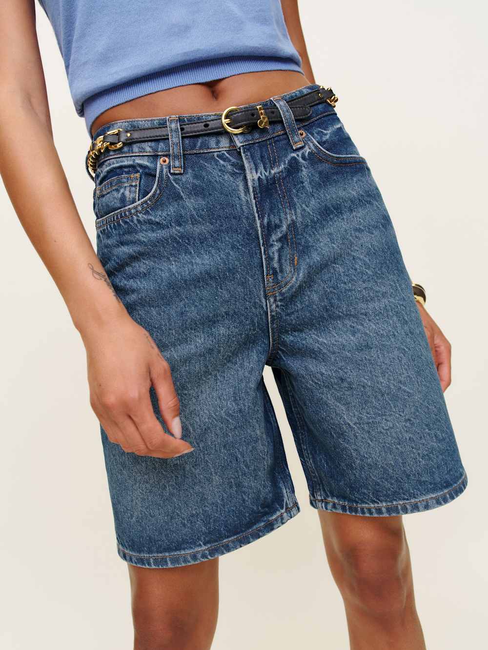Tailored Wide-Leg Denim Bermuda Shorts