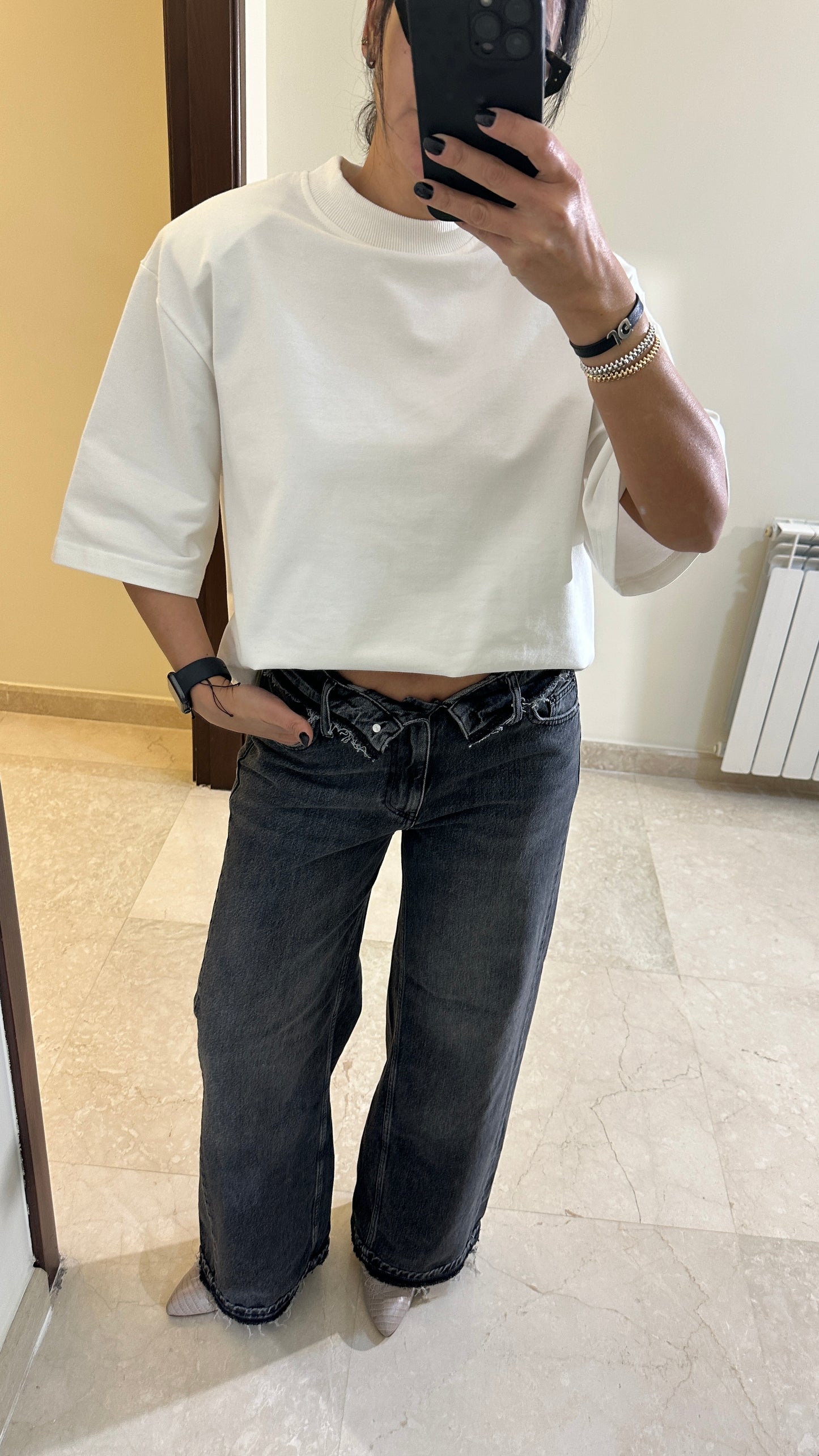 Asymmetric Fold-Over Mid to High-Rise Wide Leg Jeans