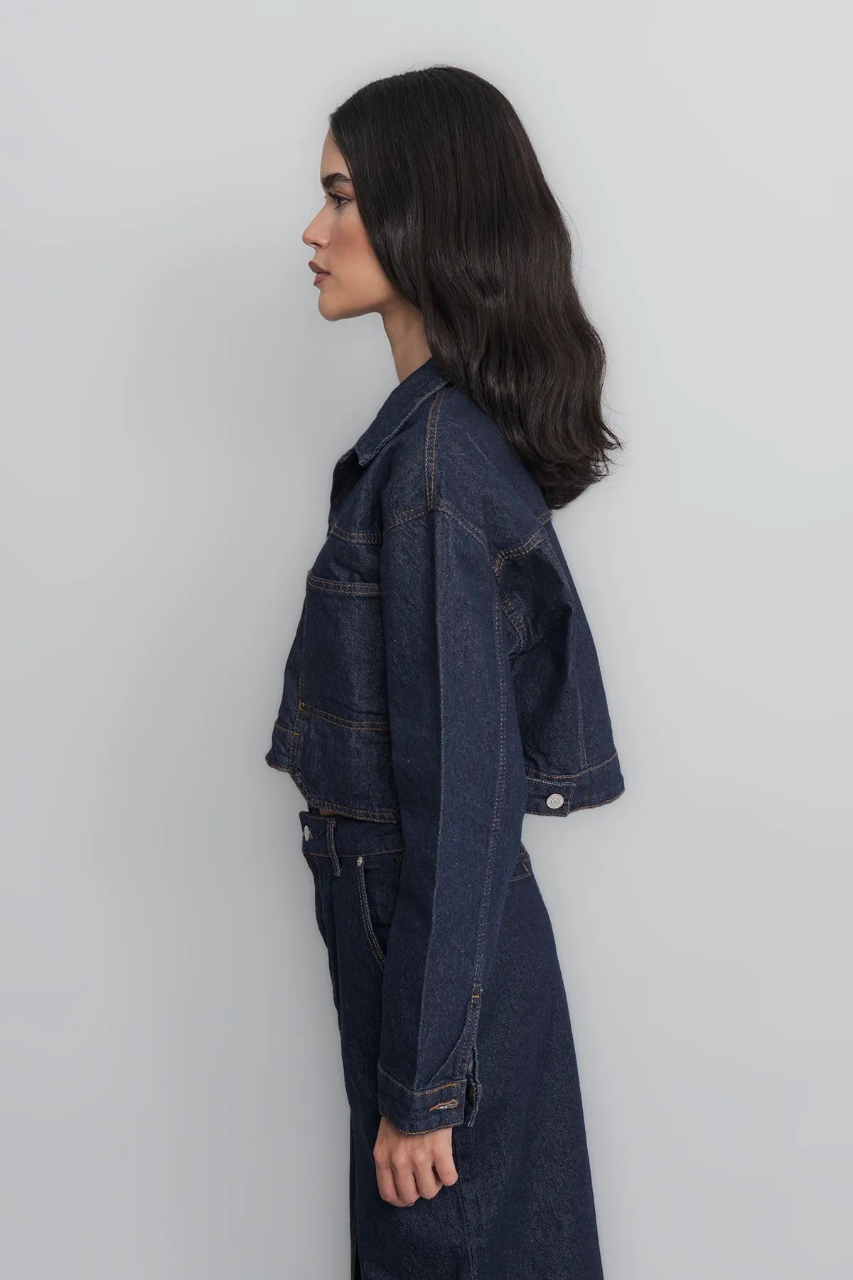Crop Denim Jacket- Navy Blue - Oversized