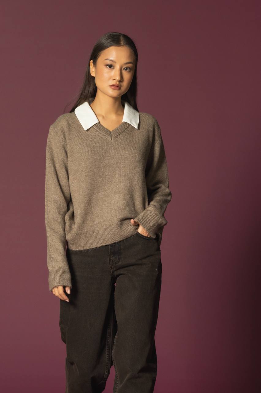 This appears to be a V-neck sweater made from a soft, neutral-toned yarn, likely wool or a blend, suggesting a comfortable, cozy feel.