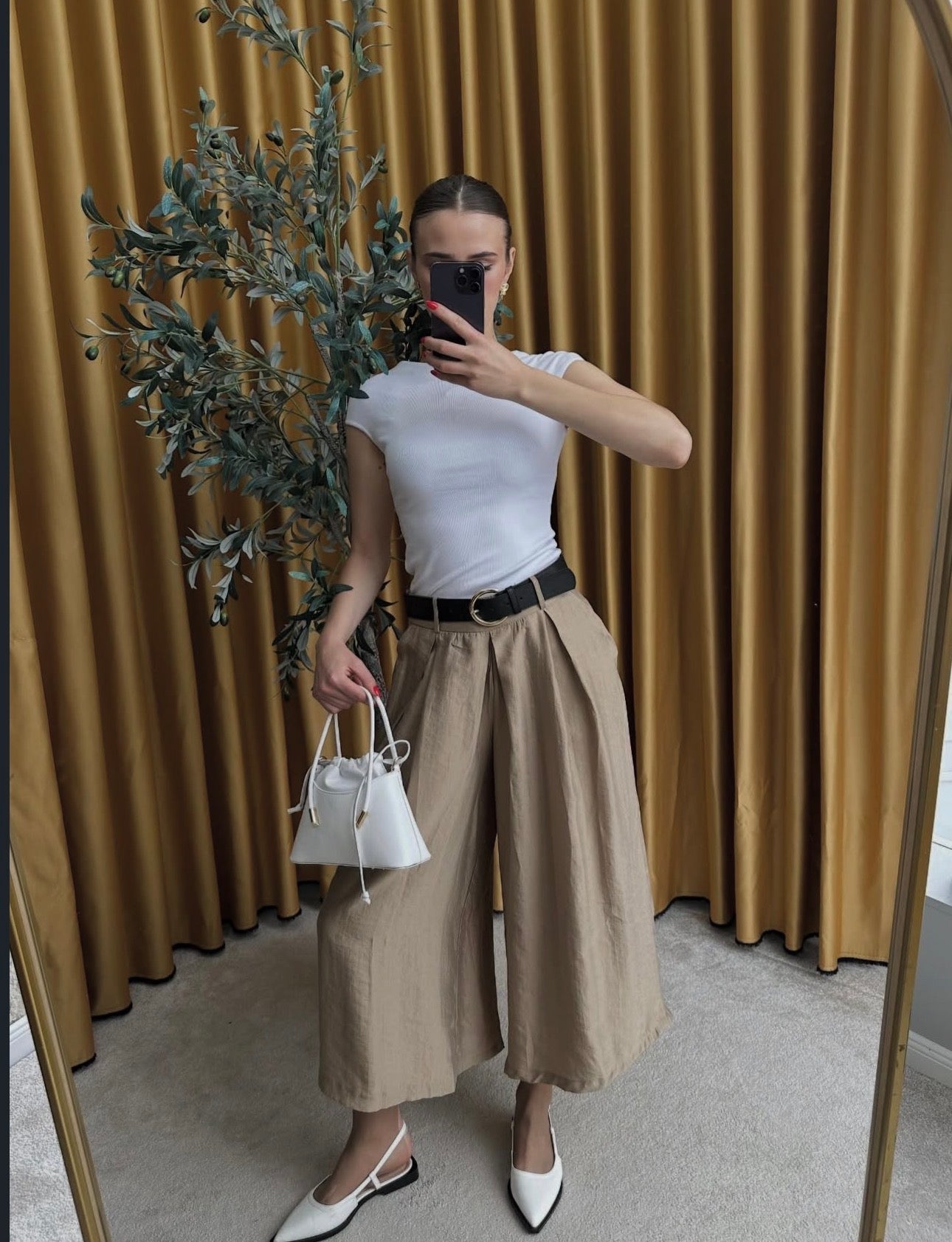 Tailored Palazzo Culotte Pants with Contrast Belt - Classic Beige -
