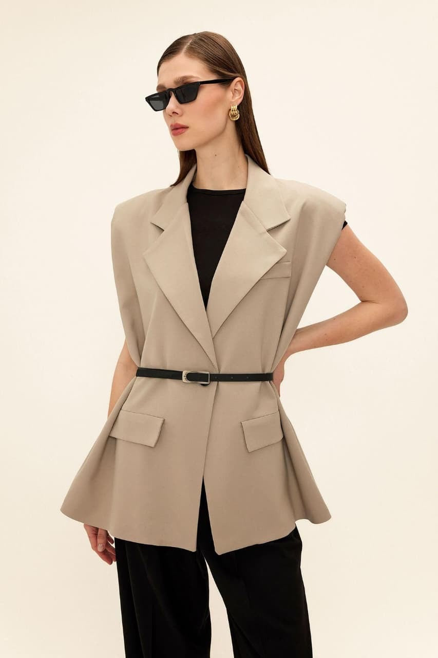 Blazer Vest - Beige Color - With Belt