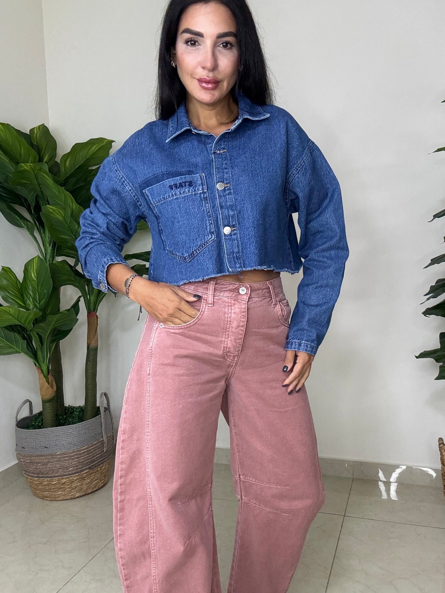 Crop Denim Shirt- Oversized- Dark Blue-