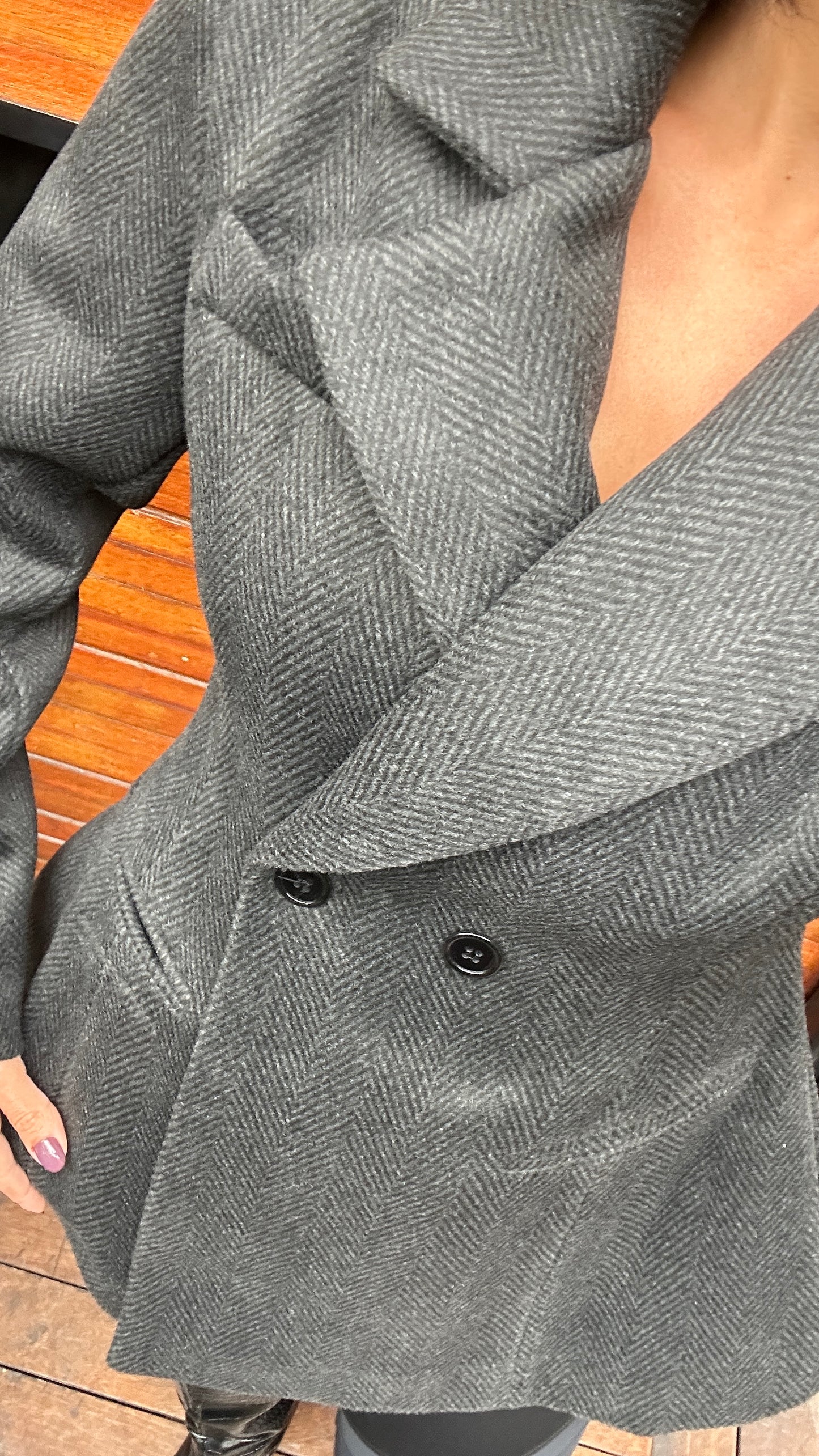 Blazer, Double-breasted, Flared Hem, Detachable Scarf - Dark Grey -Felt Fabric