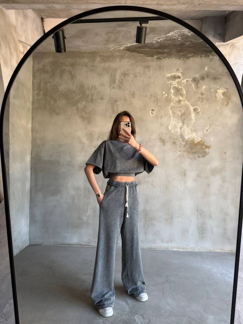 Cropped Tee & Wide-Leg Pants Set – Grey Color -