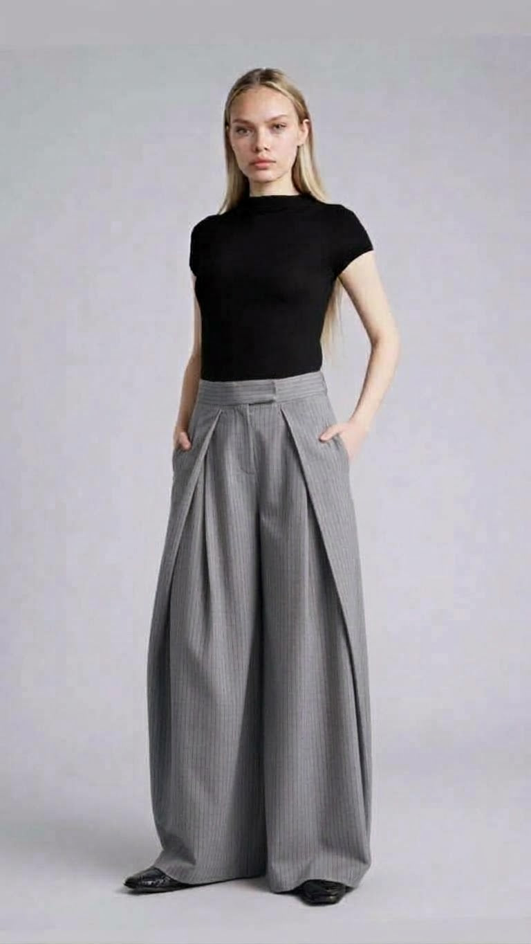 Deep Fold High-Waist Palazzos – Grey