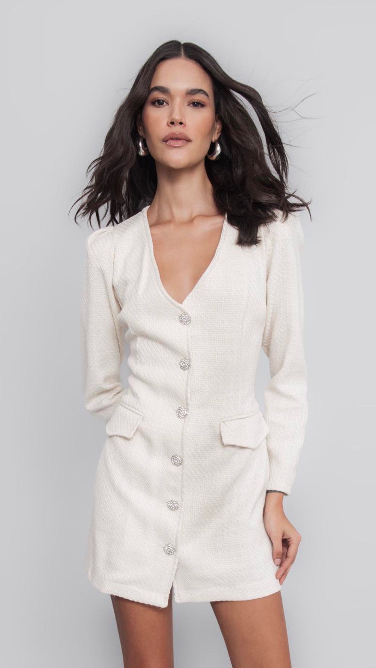 Textured Button-Front Mini Dress – Cream