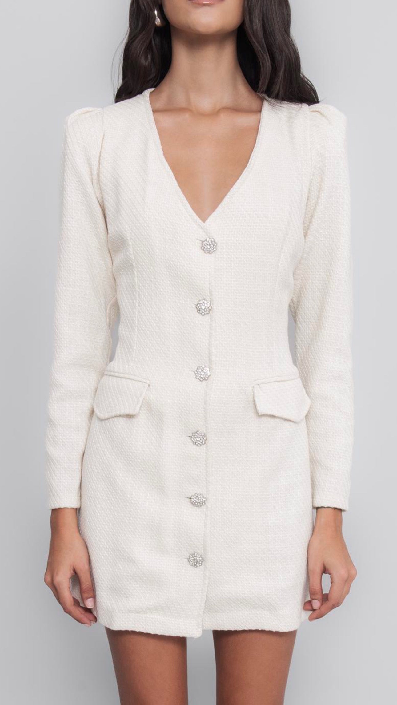 Textured Button-Front Mini Dress – Cream