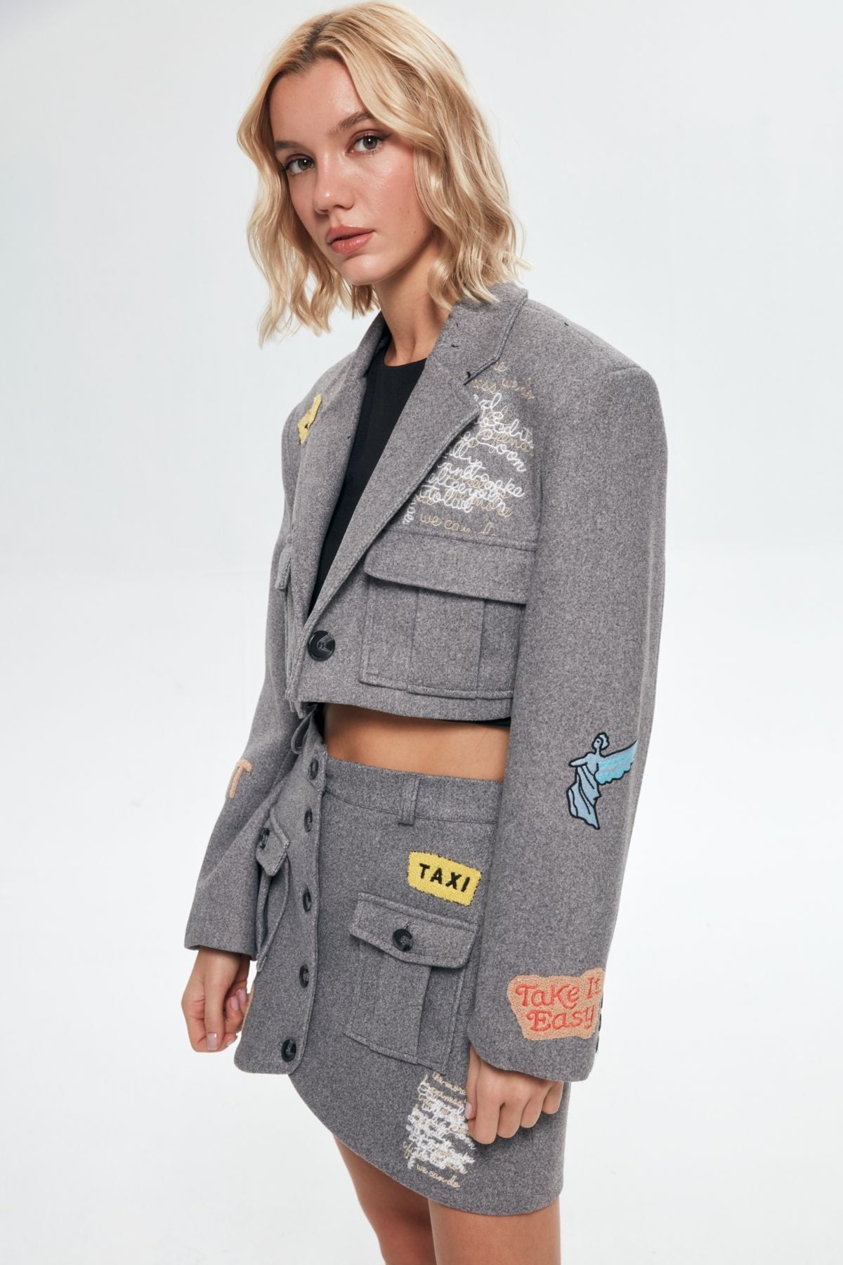 Embroidered Crop Blazer – Grey