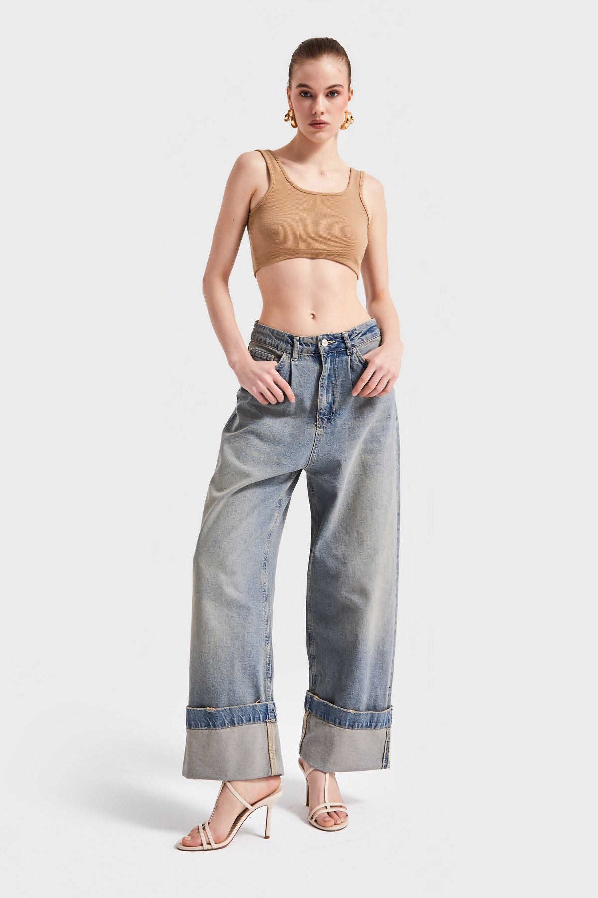 Cuffed Wide-Leg Jeans