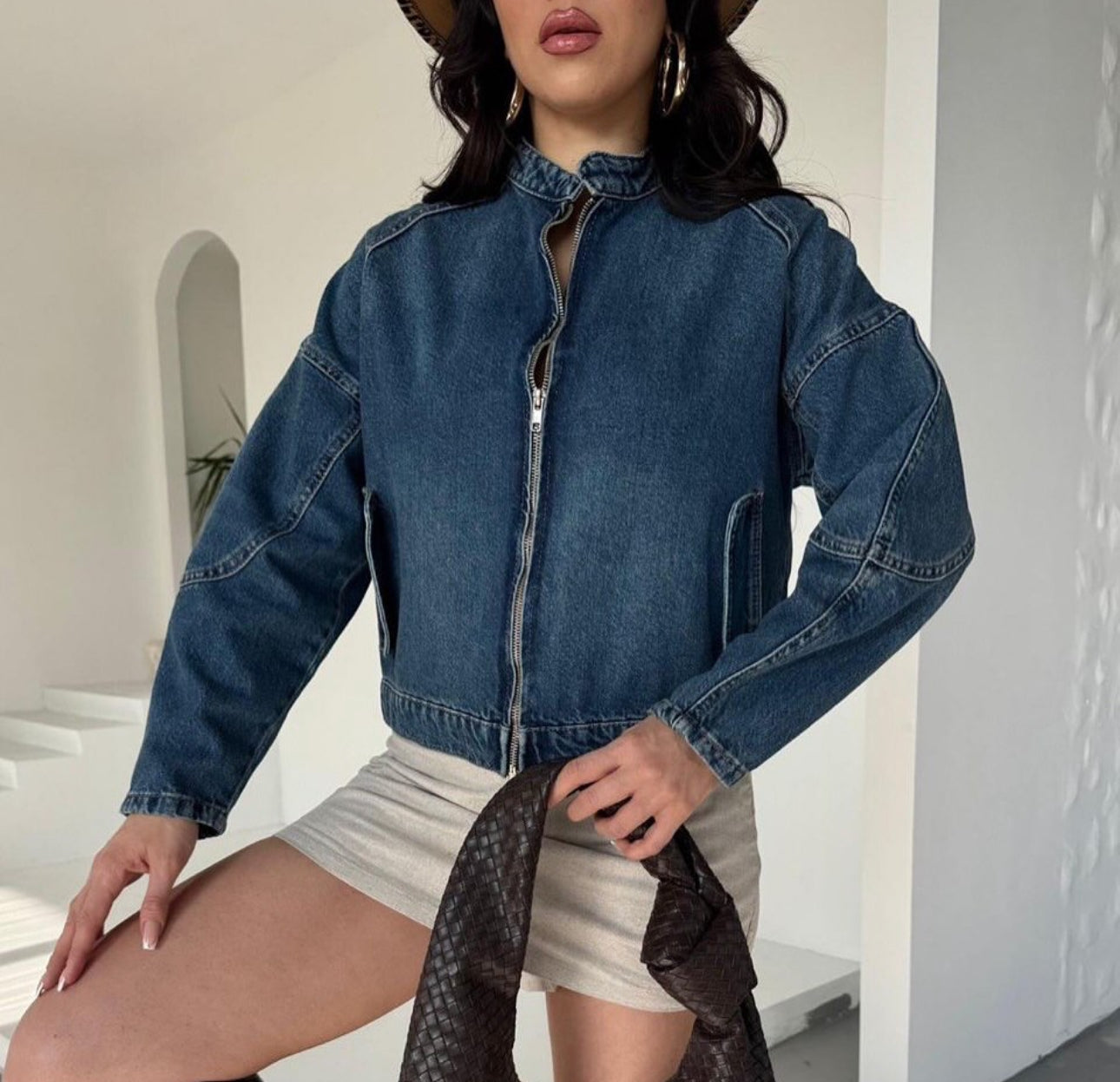 Zip Up Elastic Hem Denim Jacket