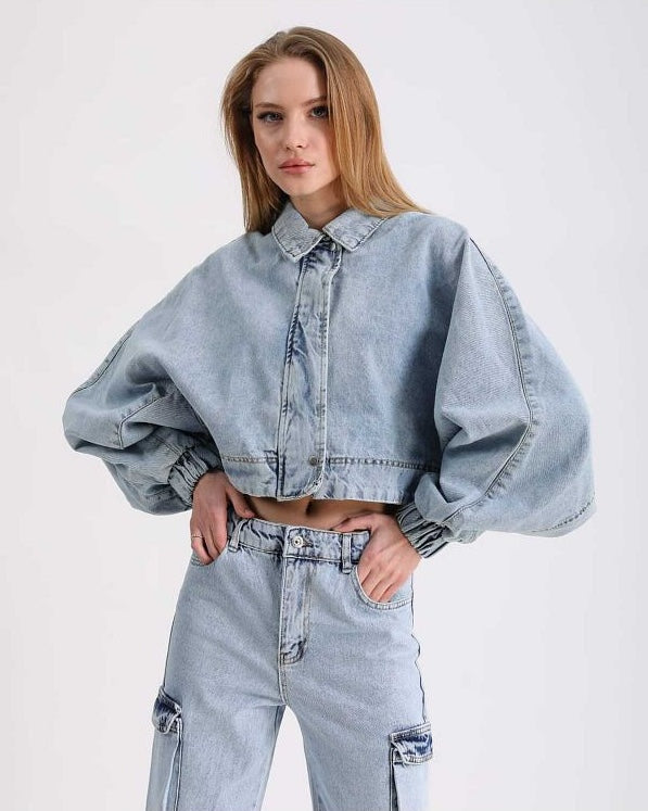 Cropped Balloon Denim Jacket with Puffy Sleeves