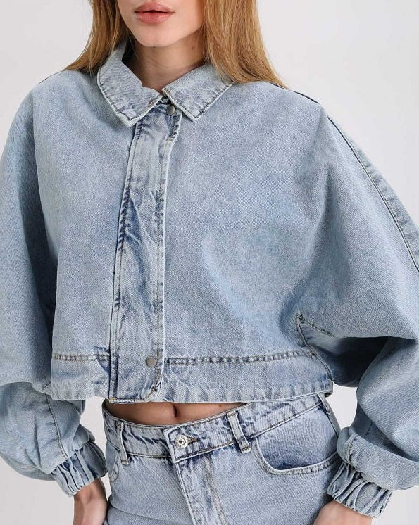 Cropped Balloon Denim Jacket with Puffy Sleeves