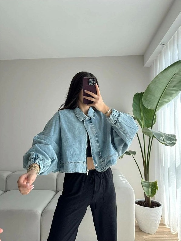 Cropped Balloon Denim Jacket with Puffy Sleeves