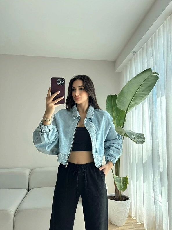 Cropped Balloon Denim Jacket with Puffy Sleeves