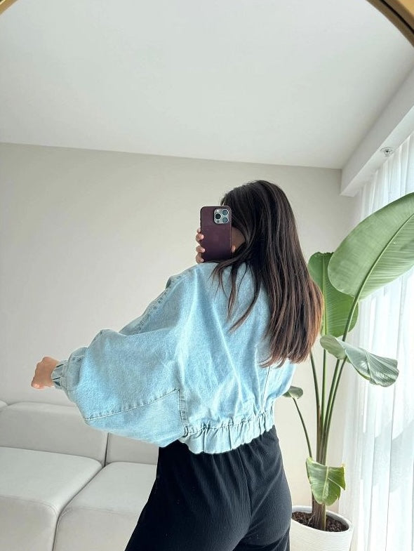 Cropped Balloon Denim Jacket with Puffy Sleeves