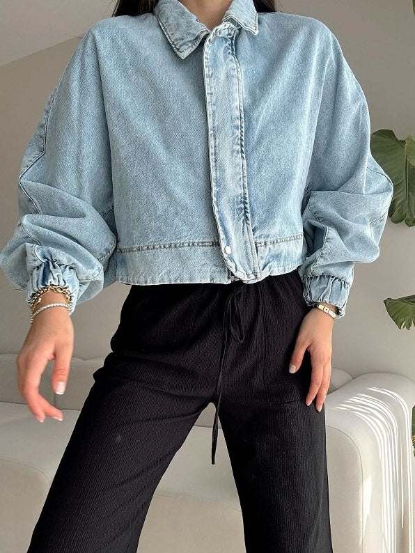 Cropped Balloon Denim Jacket with Puffy Sleeves