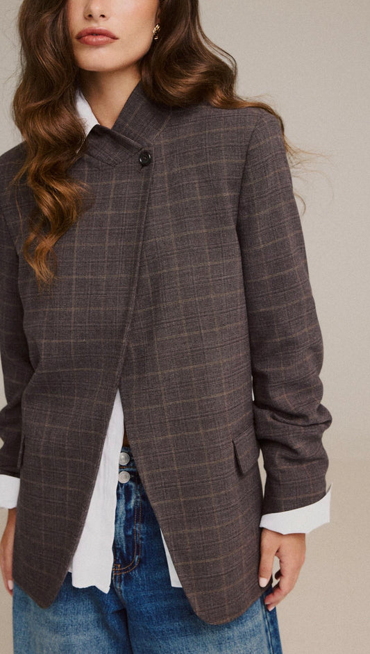 Tailored Asymmetric Stand-Collar Blazer