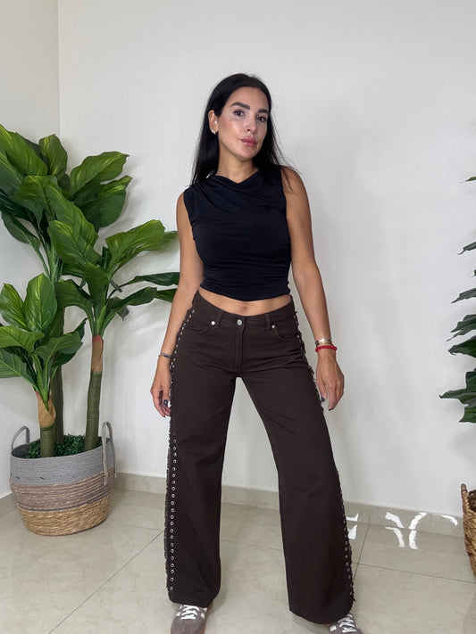 Frayed Denim Jeans straight-leg trousers with Eyelets - Mid Waist- Brown Color