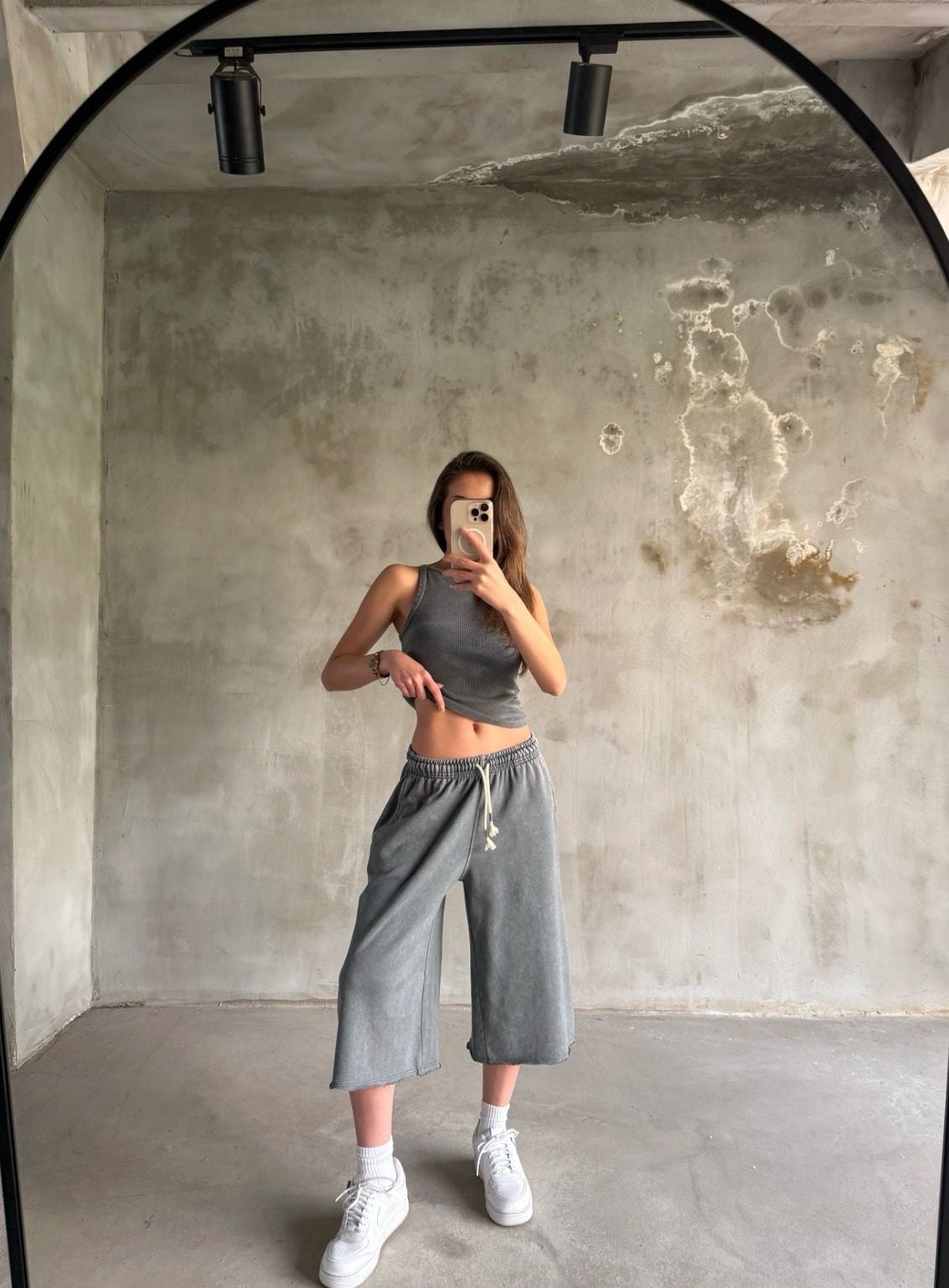 Cotton Lounge Set: Ribbed High-Neck Tank & Cropped Wide-Leg Sweatpants - Grey Color -