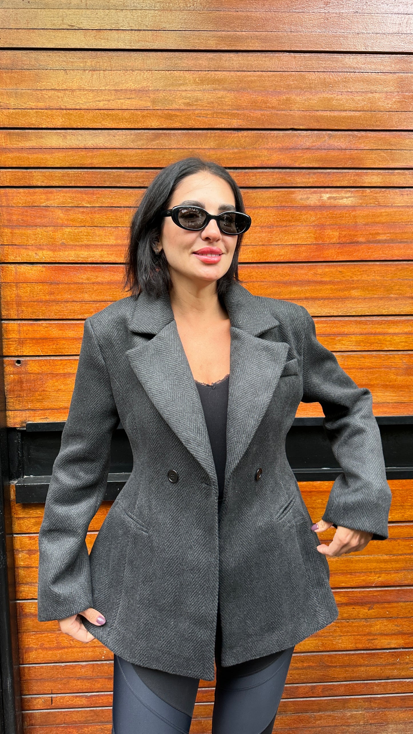 Blazer, Double-breasted, Flared Hem, Detachable Scarf - Dark Grey -Felt Fabric