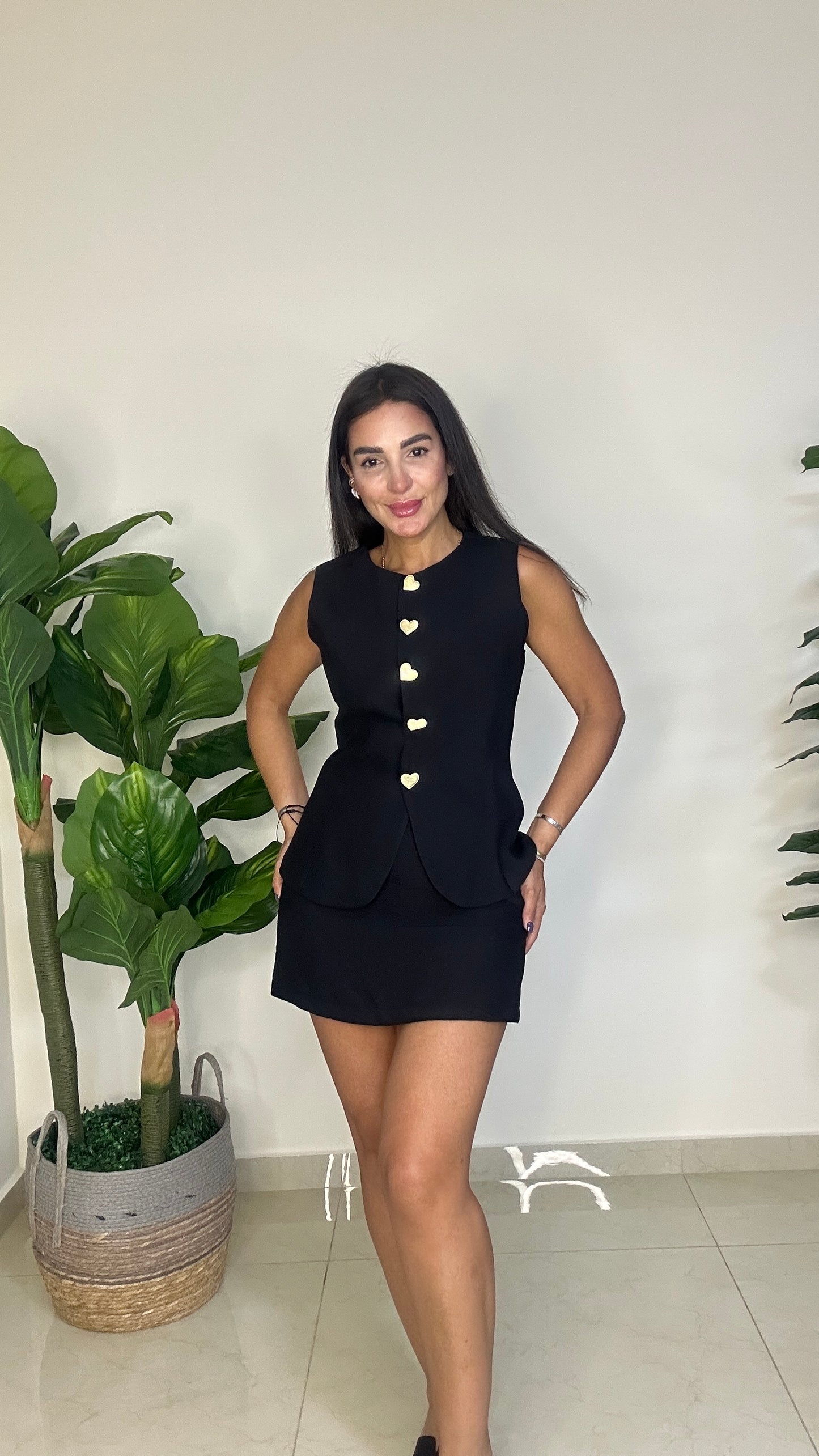 Black Overall - Heart Botton-Gold